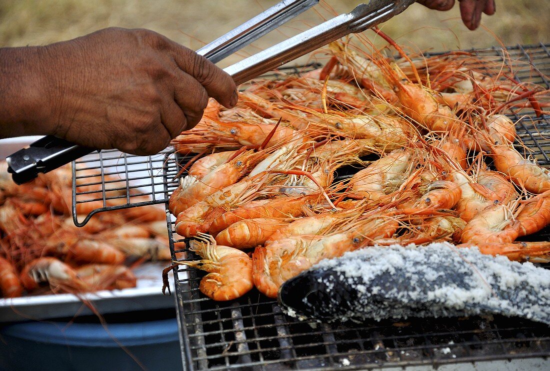 Prawns on a barbecue