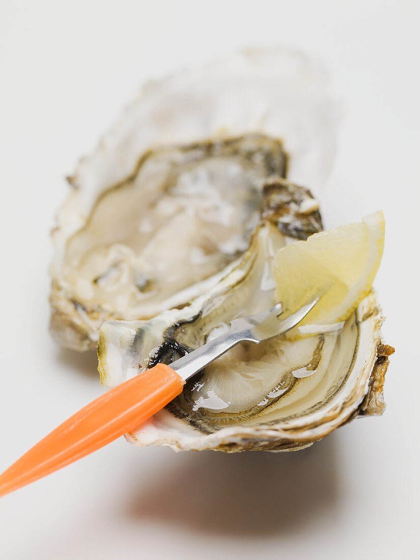 Fresh oyster with fork and lemon