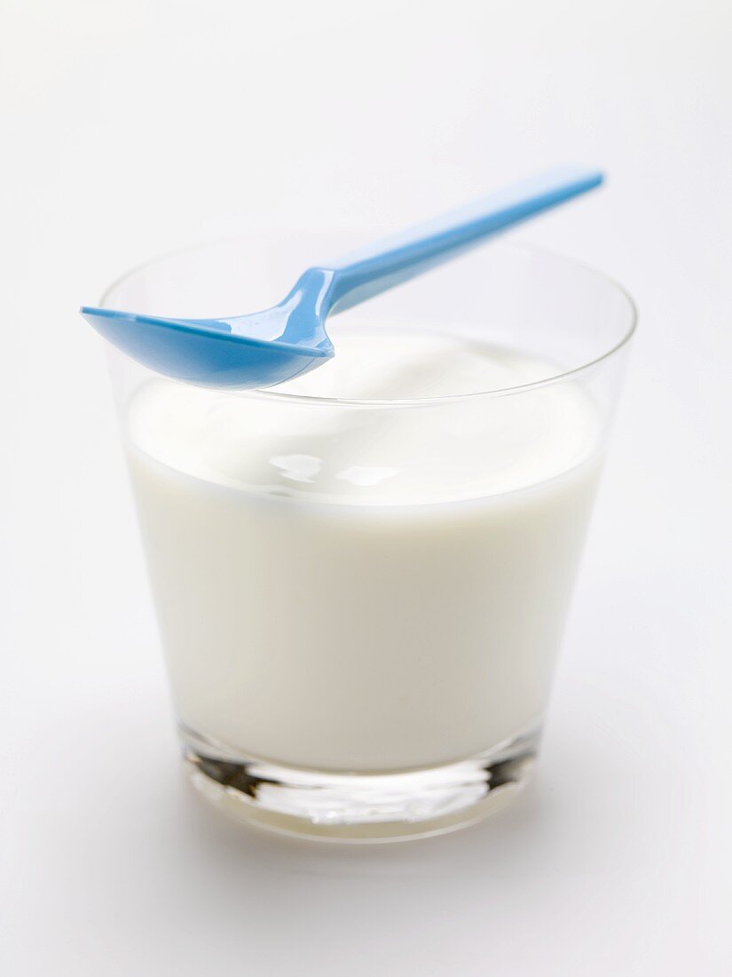 Natural yoghurt in glass with spoon