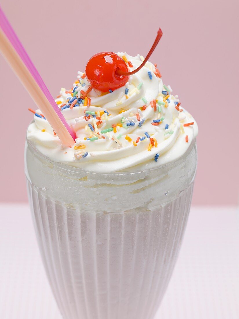 Milkshake with cream, sprinkles and cocktail cherry