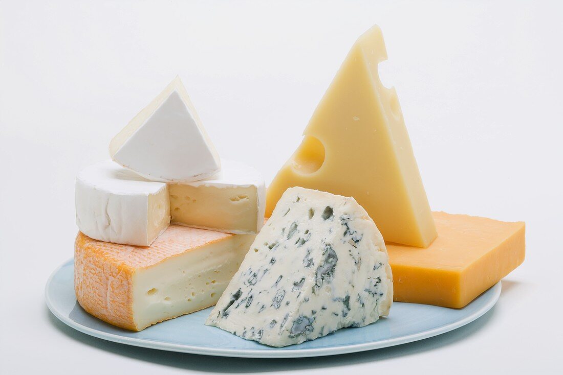 Cheese plate with hard cheese, blue cheese and soft cheese