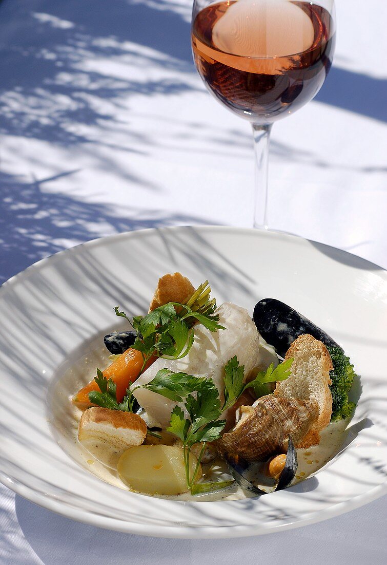 Fish and shellfish with vegetables, glass of rosé wine