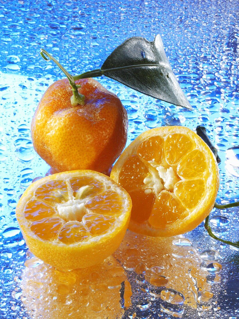 Mandarin oranges on reflective surface with drops of water