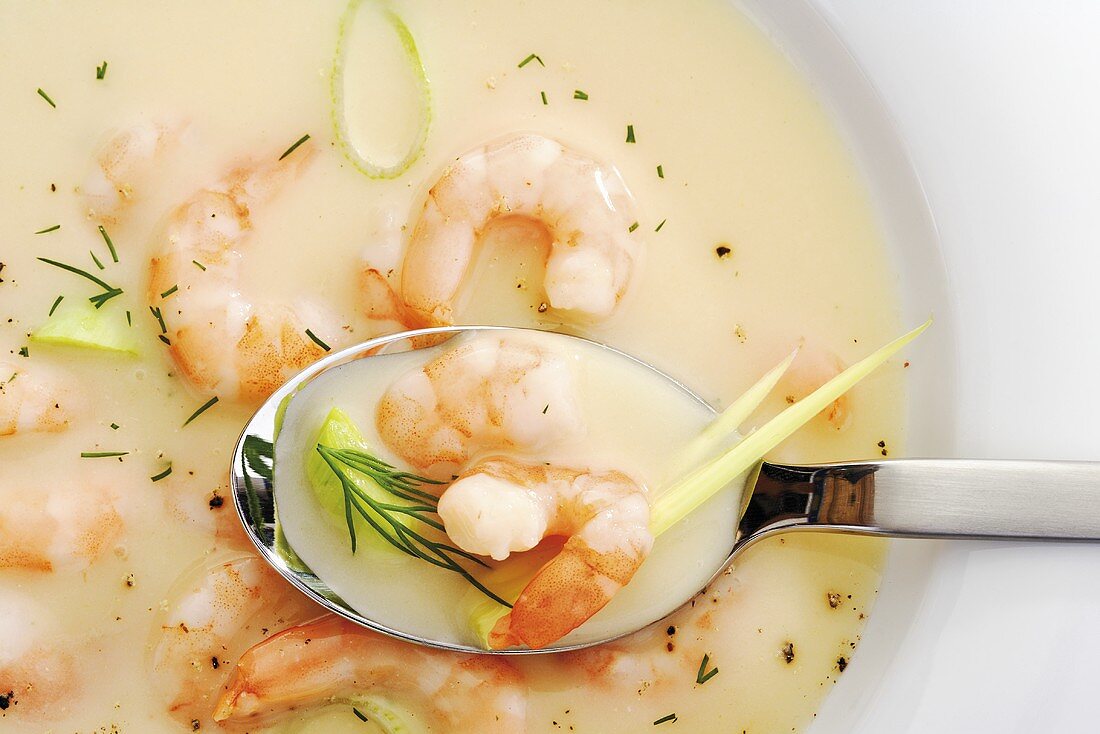 Prawn soup with leeks and dill (detail)