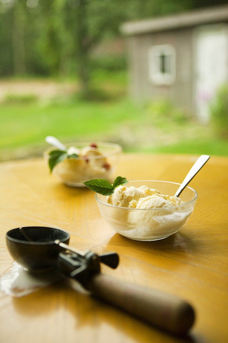 Vanilleeis und Eiskugelformer auf Tisch im Freien