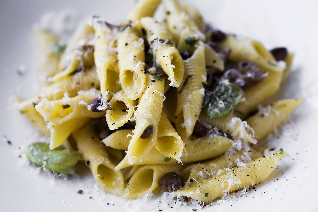 Penne Pasta with Fava Beans, Mushrooms and Parmesan Cheese