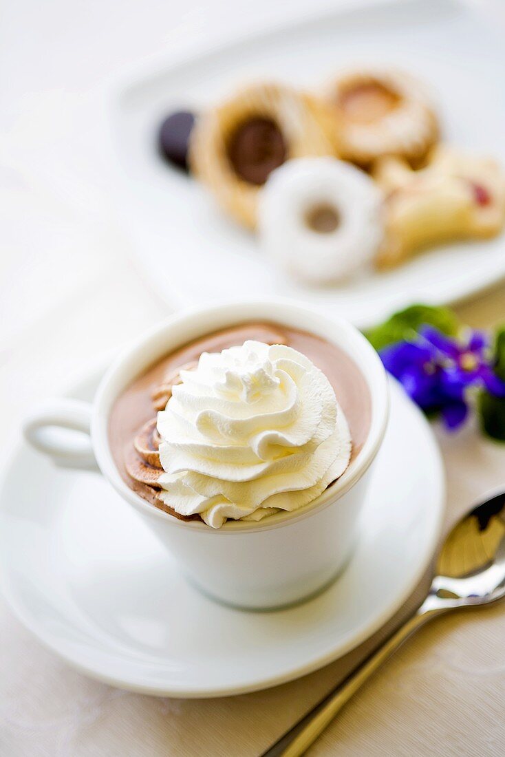 Hot chocolate with cream, biscuits