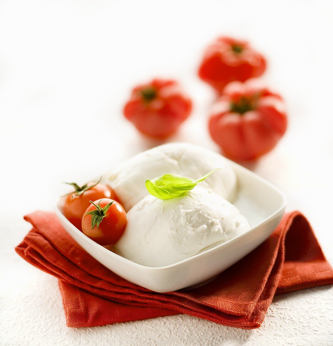 Mozzarella with cocktail tomatoes in a small dish