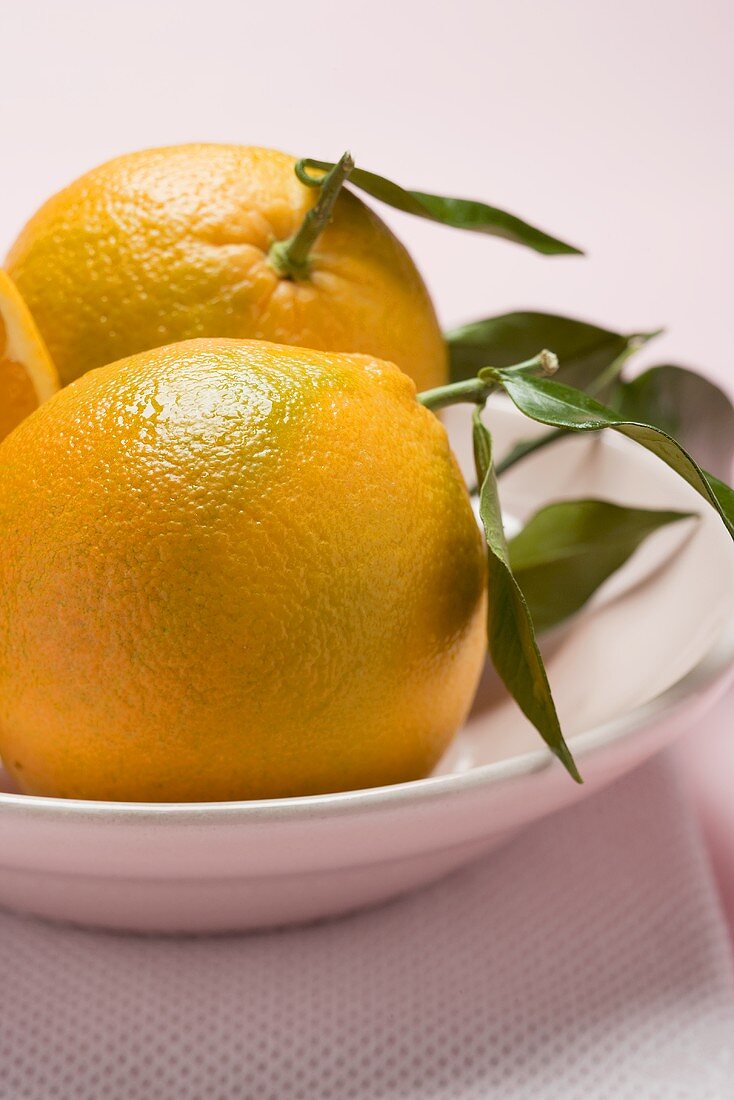 Two oranges with leaves in ceramic dish