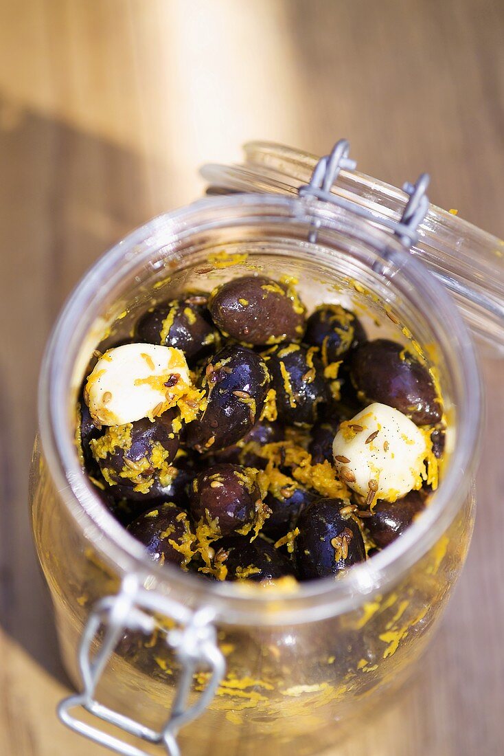 Pickled olives with garlic and lemon zest