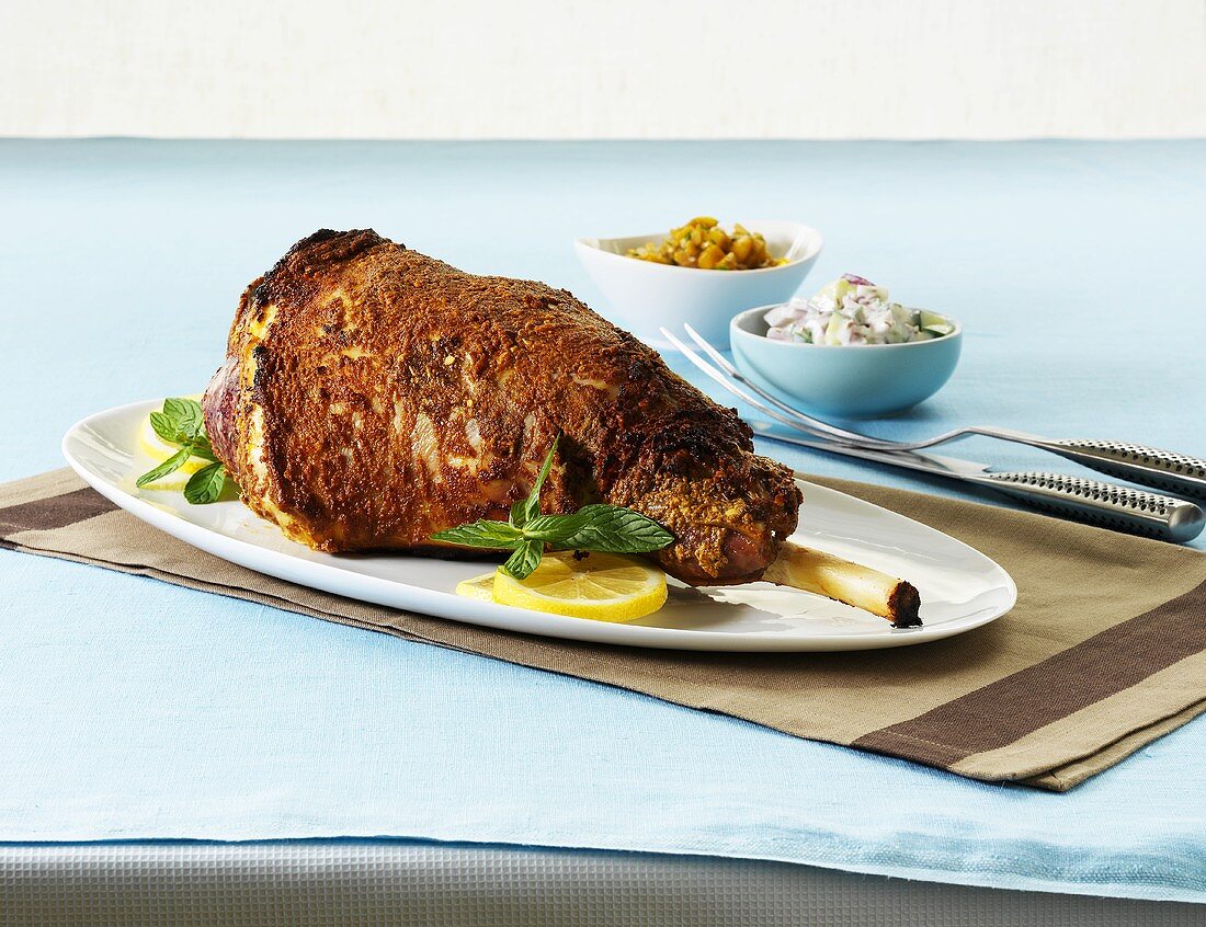 Tandoori leg of lamb on a platter