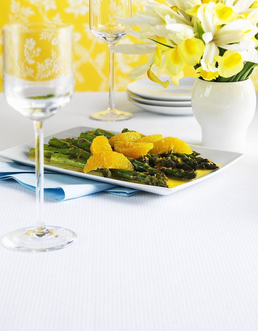 Asparagus and orange salad on a platter