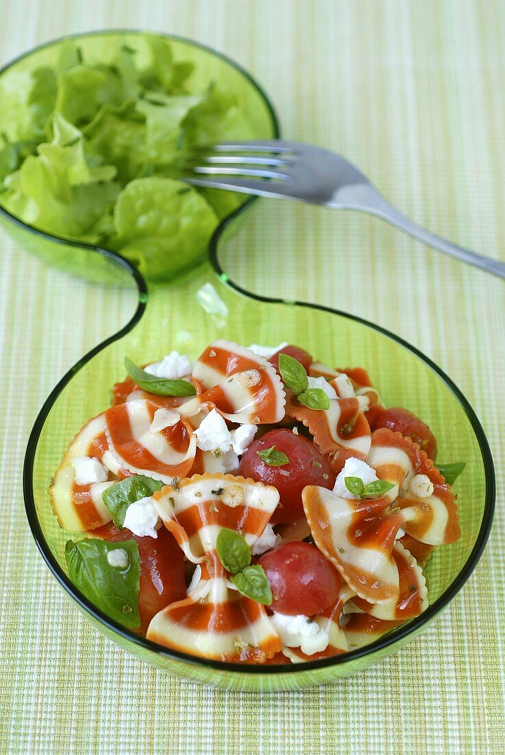 Bunte Farfalle mit Tomaten, Mozzarella und Blattsalat