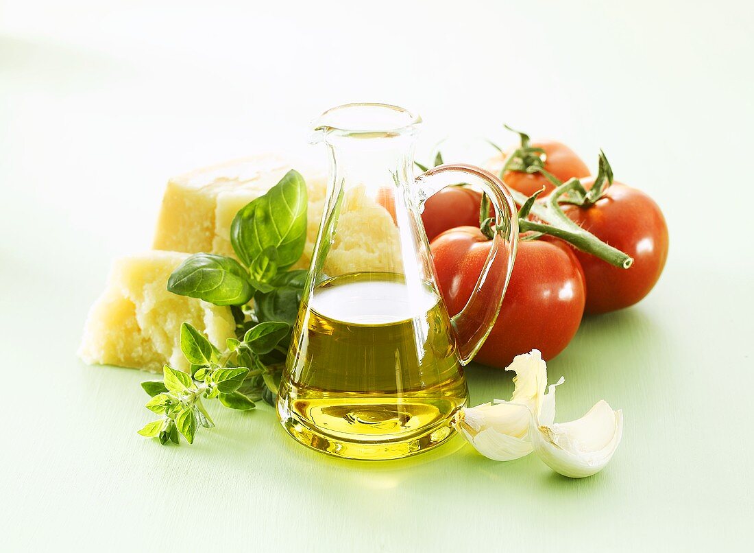 Olive oil, basil, tomatoes, Parmesan, garlic