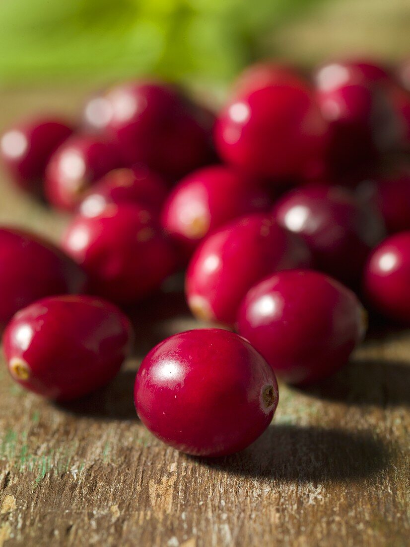 Frische Cranberries auf Holzuntergrund (Nahaufnahme)