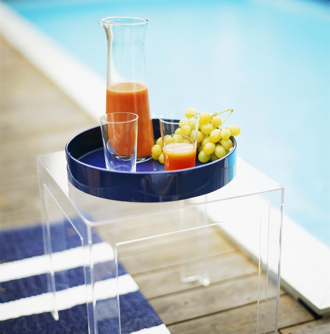 Fruit juice and grapes on tray by swimming pool