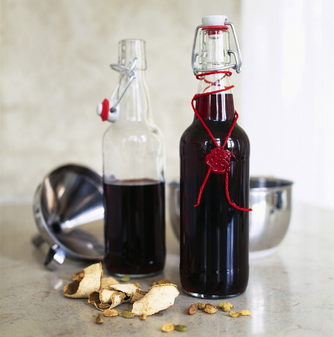 Home-made mulled wine in two flip-top bottles