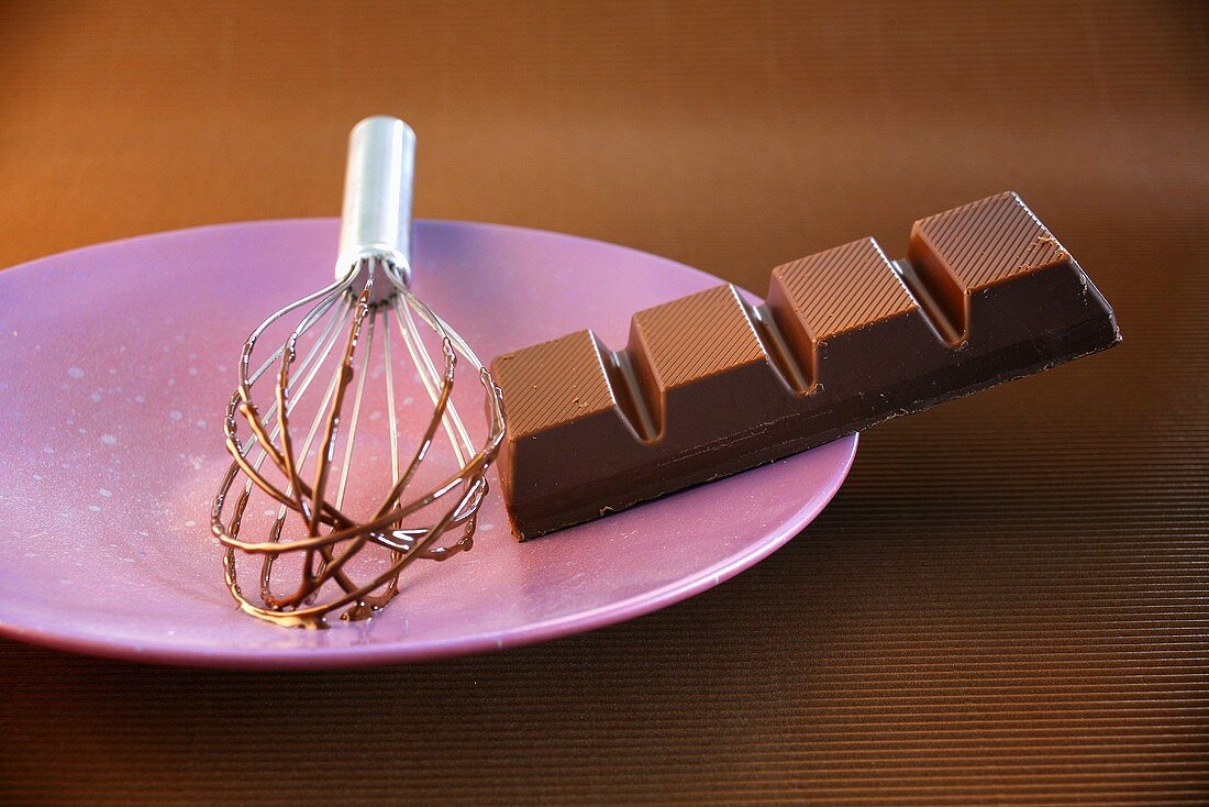 Piece of chocolate on purple plate