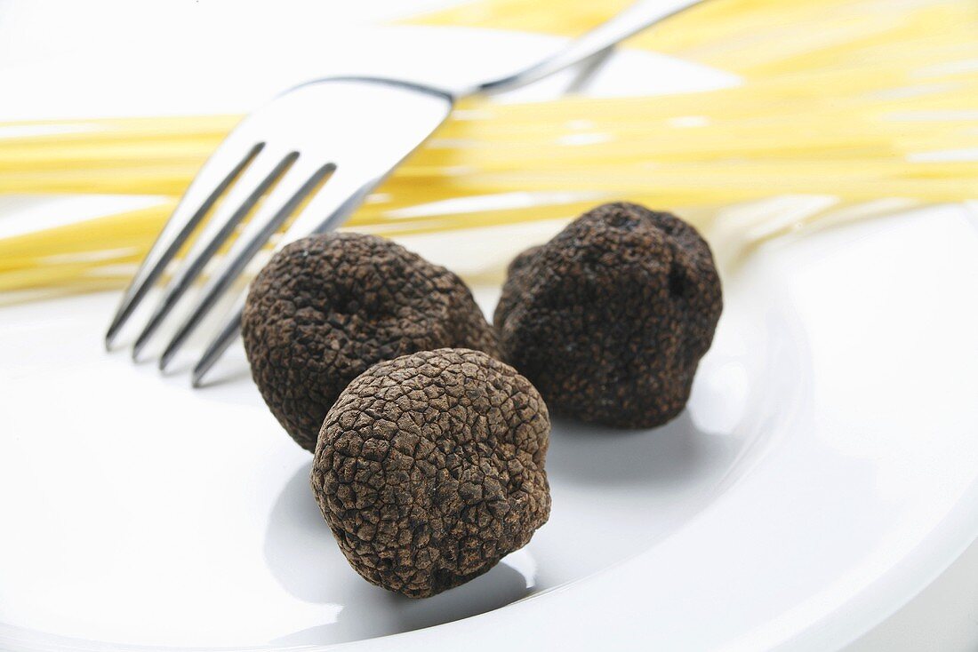 Black truffles (Chinese truffles), fork and spaghetti