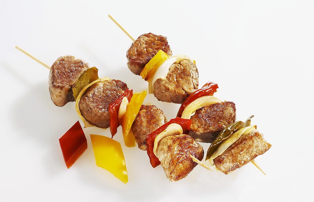 Pork, pepper and onion skewers