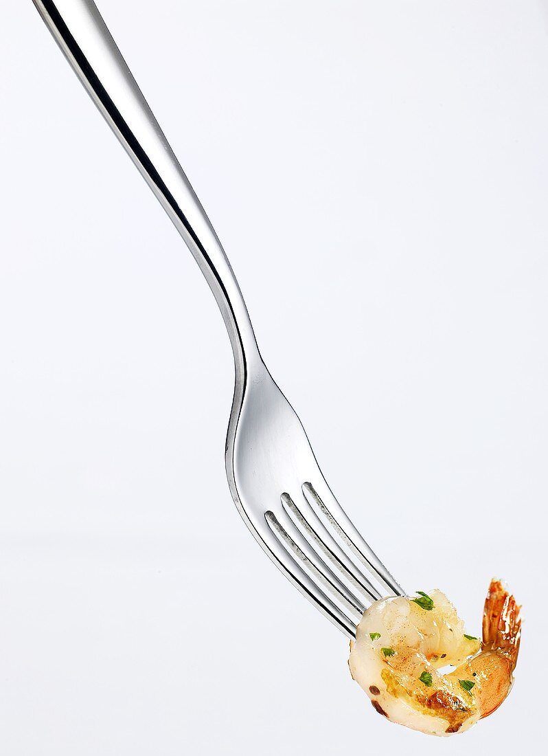 A prawn on a fork
