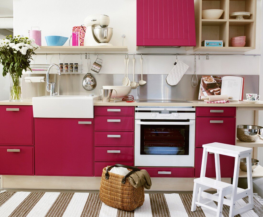 Modern kitchen with pink units