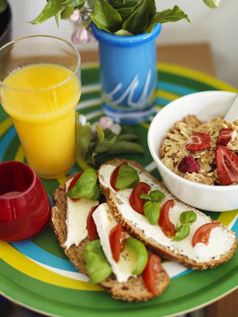 Healthy breakfast on coloured tray