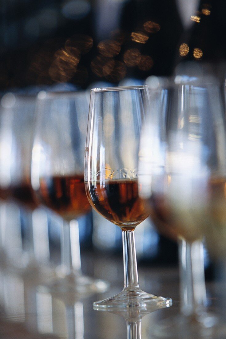 Several glasses of sherry in a row