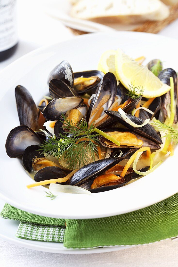 Steamed mussels in wine broth
