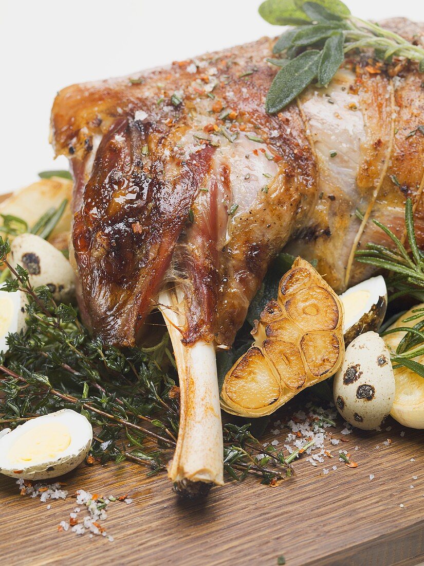 Roast lamb with quails' eggs for Easter