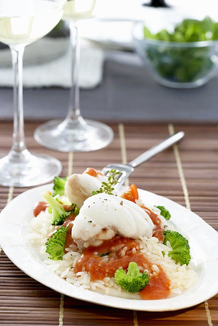 Monkfish with tomato sauce and broccoli on rice