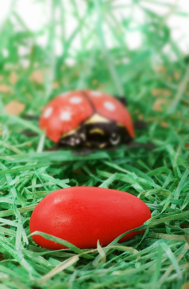 Red sugar egg and ladybird in Easter nest