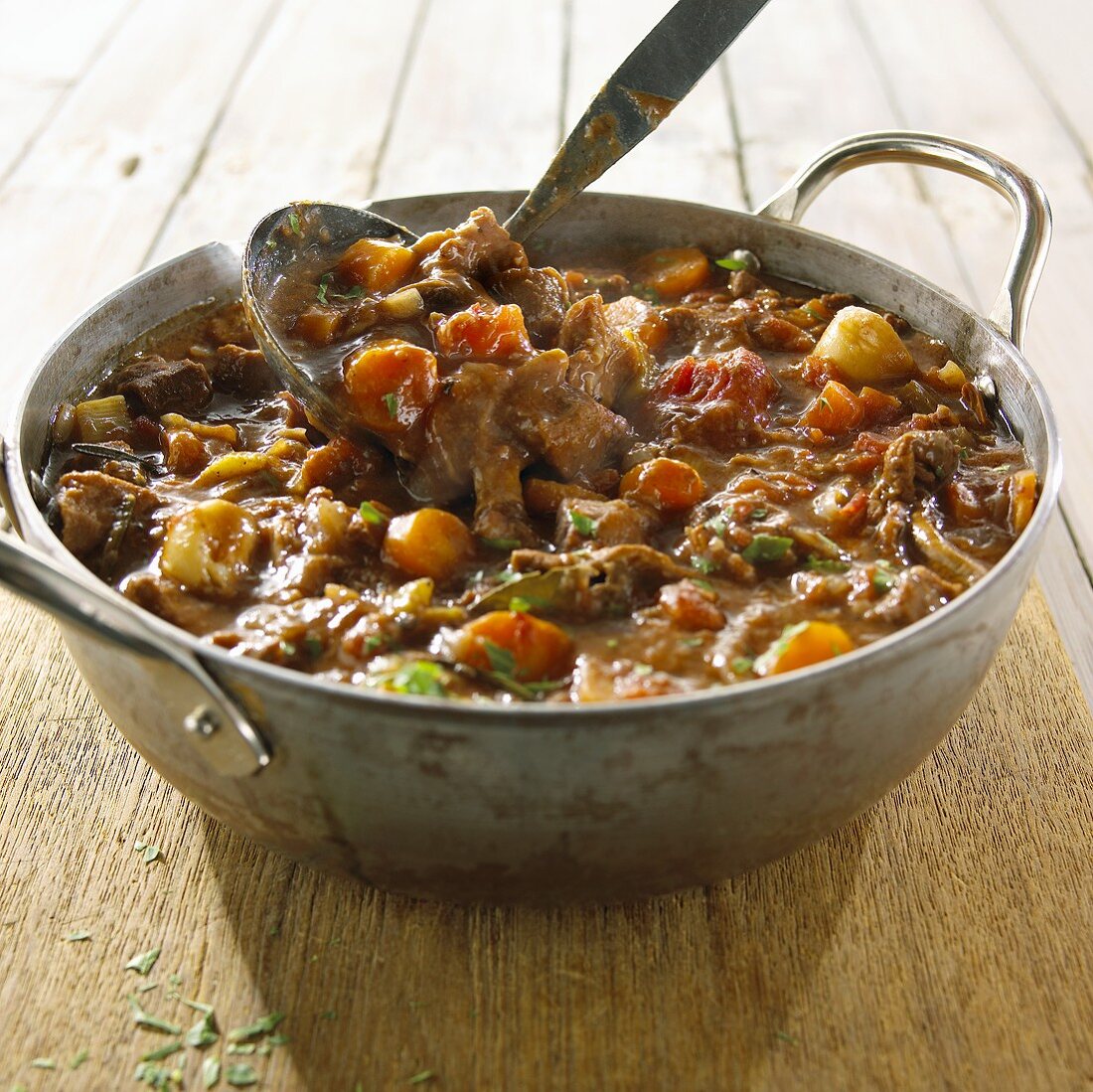Beef stew in pot with ladle