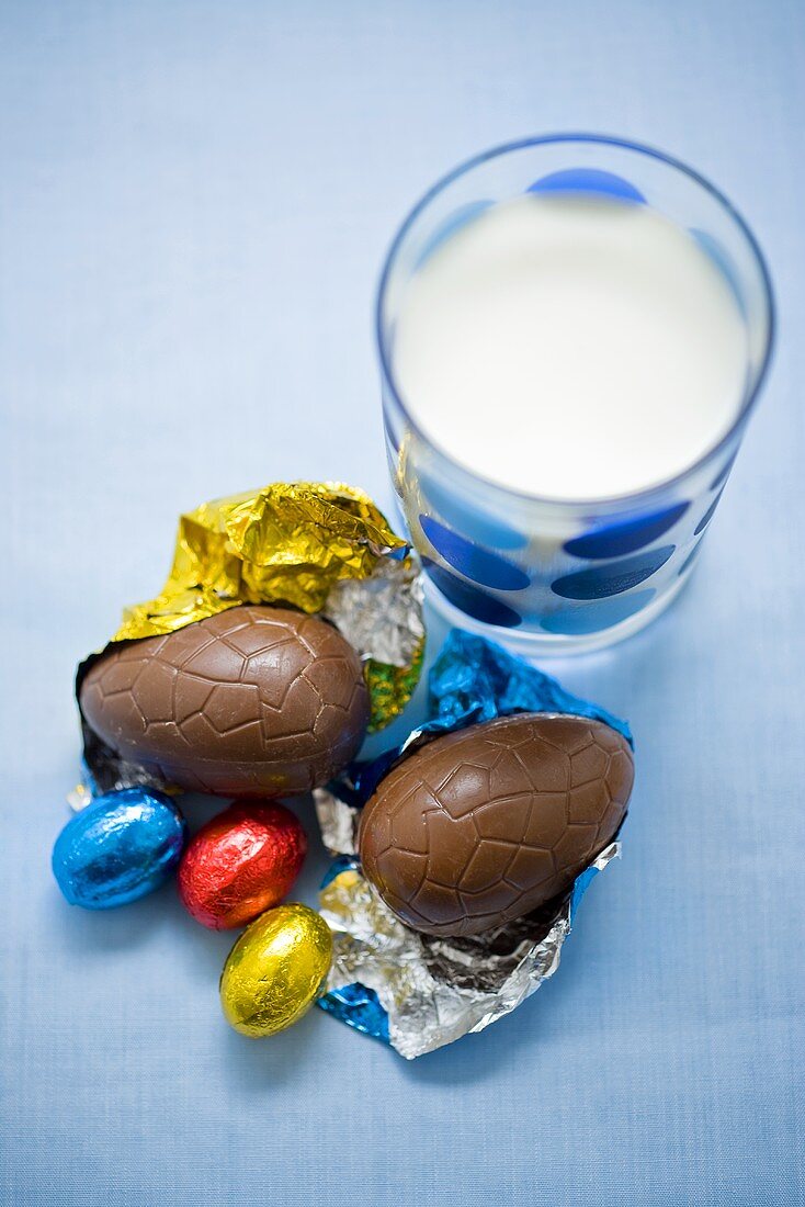 Chocolate Easter eggs and glass of milk