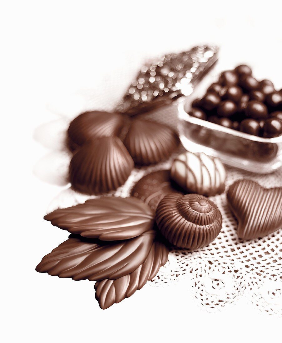 Chocolates and chocolate leaves