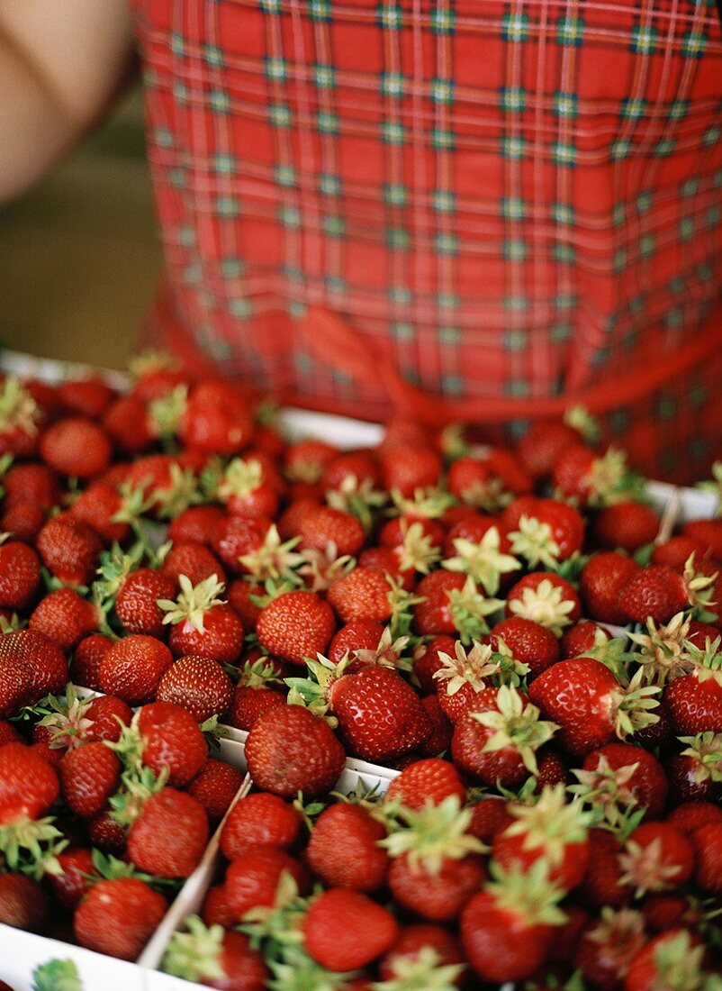 Fresh strawberries in boxes, woman in background
