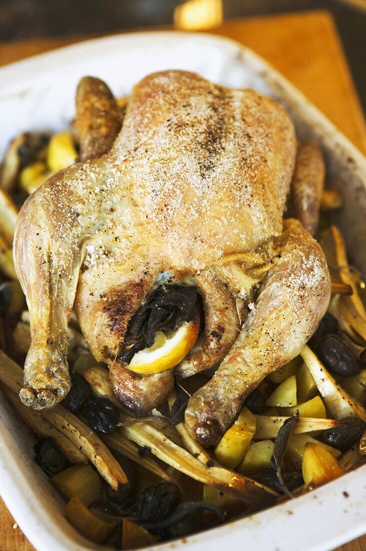 Grilled chicken on a bed of vegetables