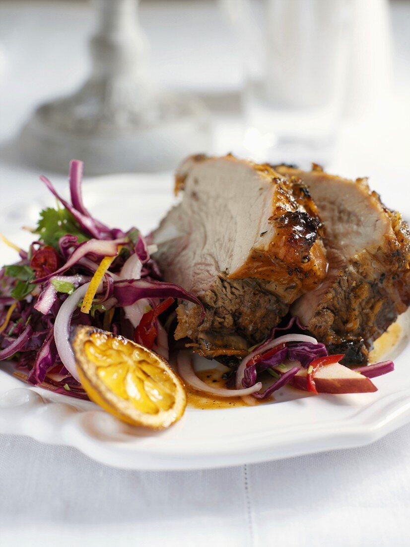 Roast pork with apple red cabbage