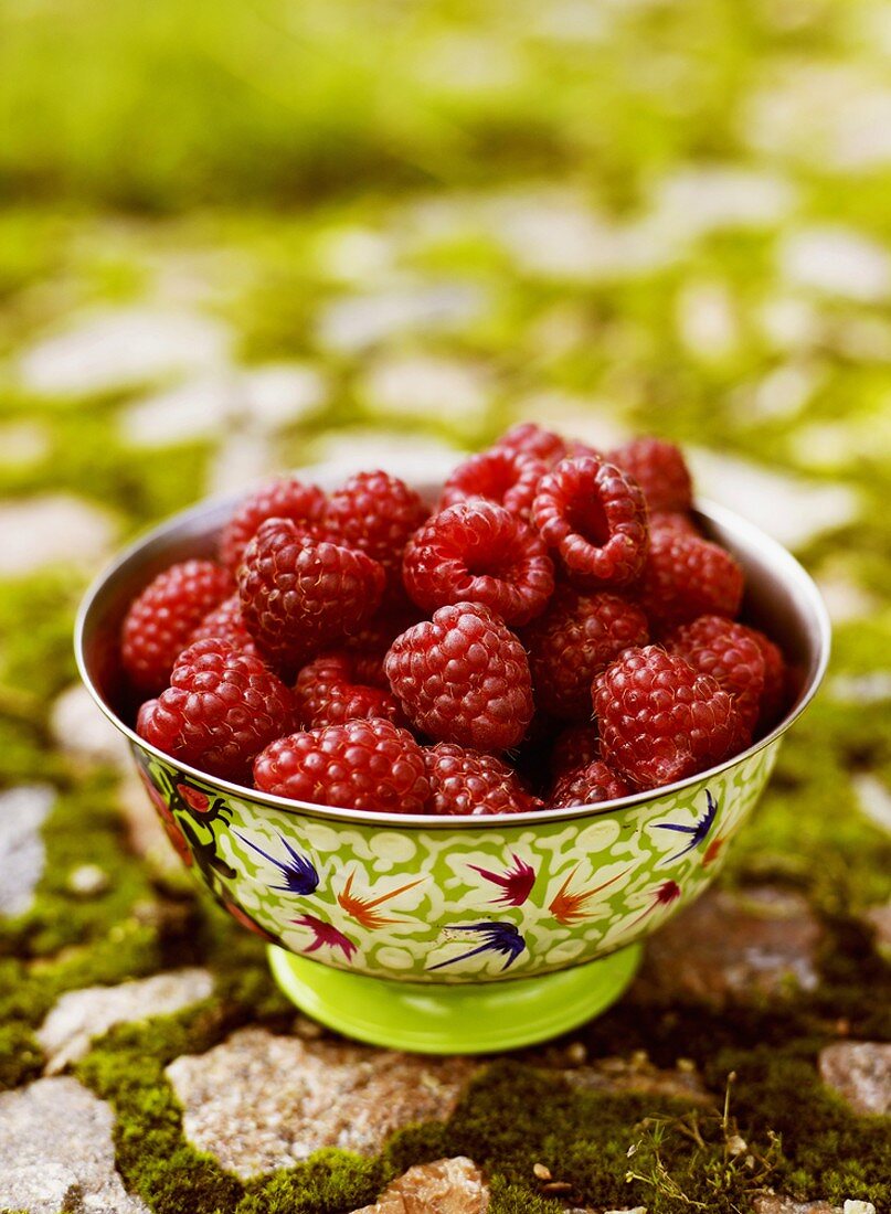 Himbeeren in bunter Schale im Freien