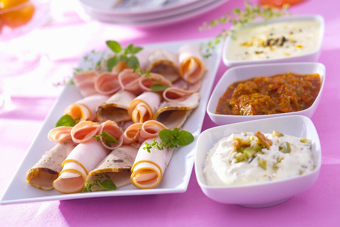 Cold cut platter with three different dips