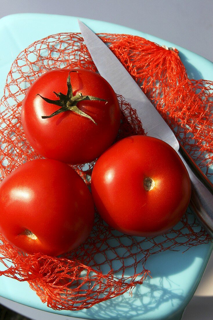 Three tomatoes with knife on a net