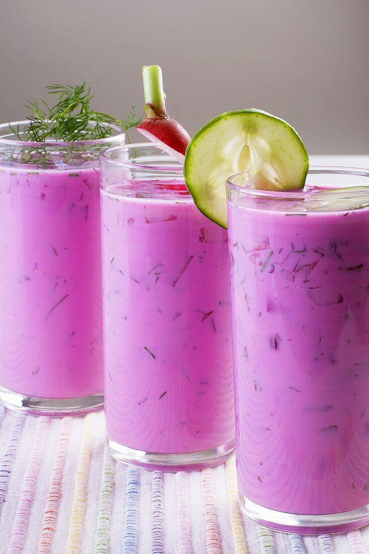 Chlodnik (cold beetroot soup, Poland) in glasses