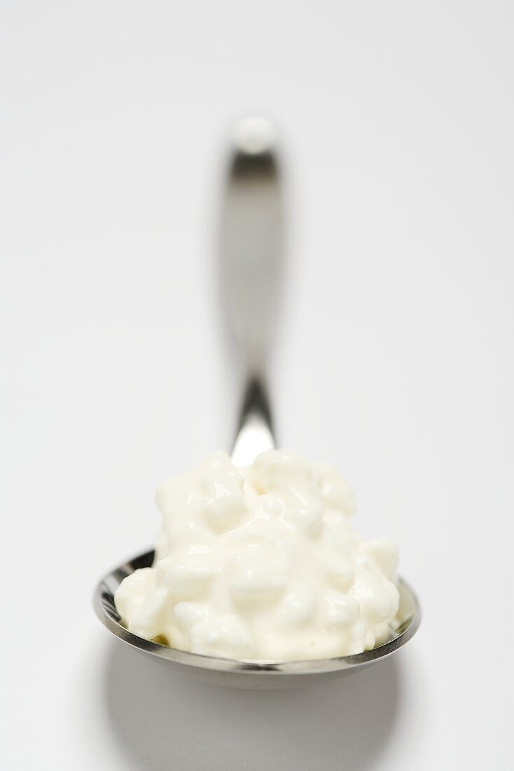 Spoonful of cottage cheese on white background