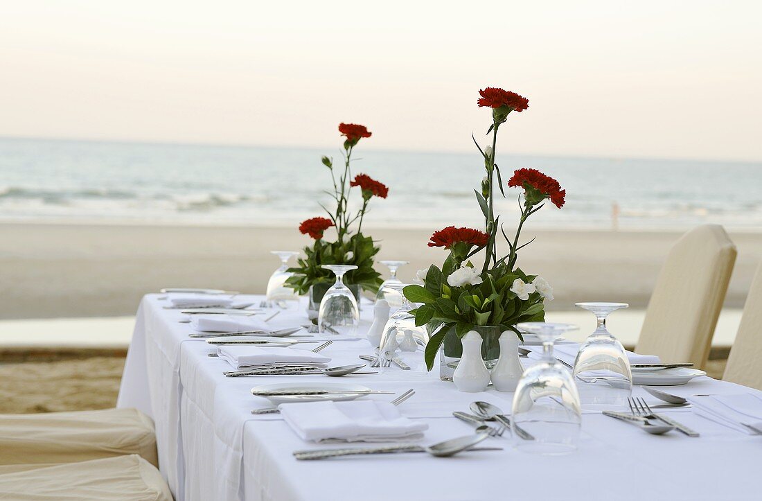 Festlich gedeckter Tisch mit roten Nelken am Strand