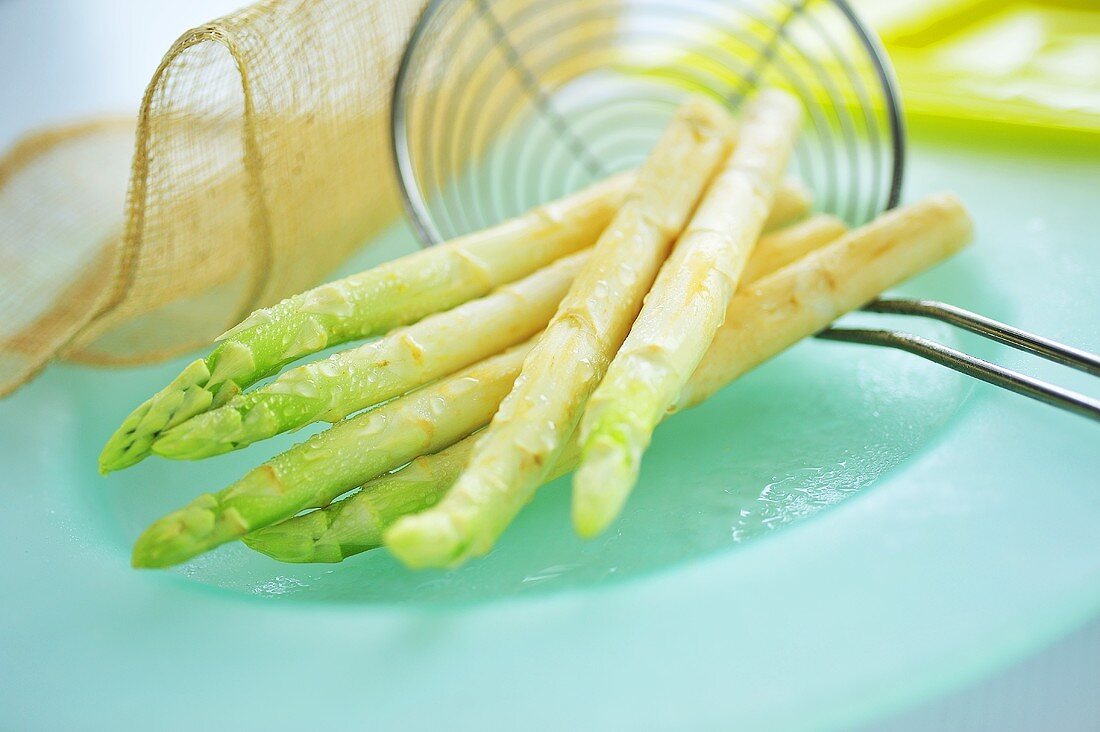 Freshly washed white asparagus with green tips