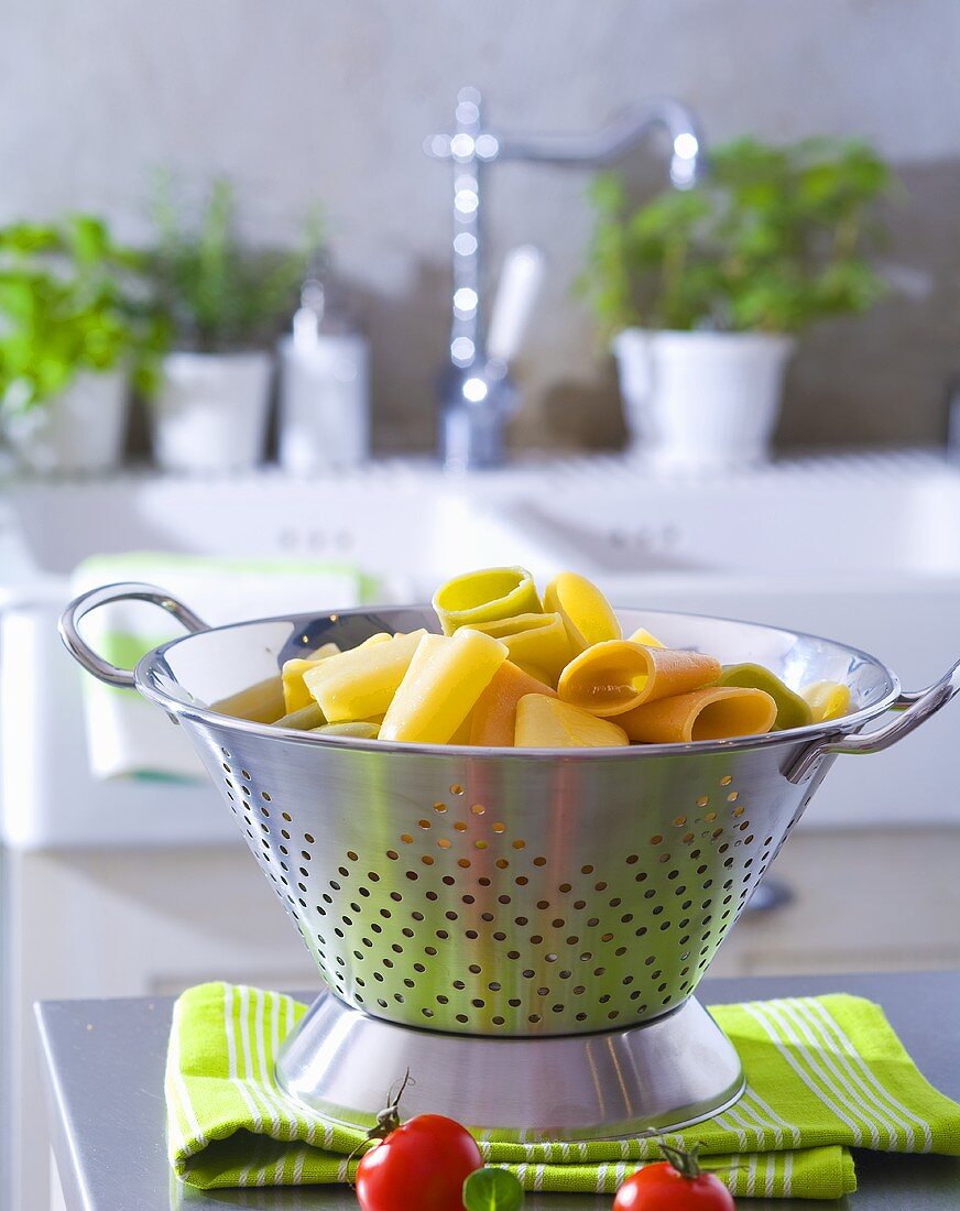 Cooked pasta in a colander