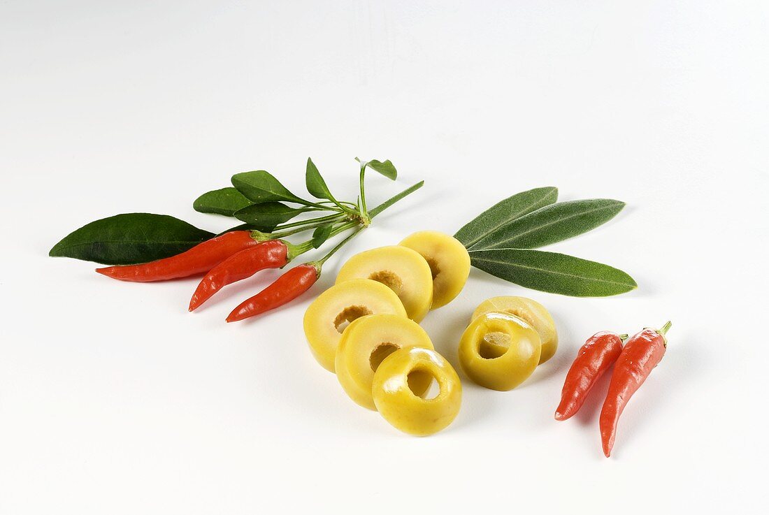 Red chillies and green olive rings