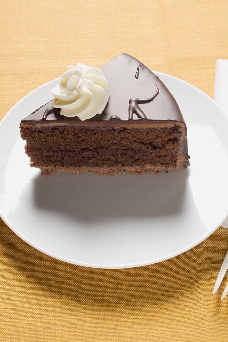 Piece of Sachertorte (chocolate cake) with cream rosette