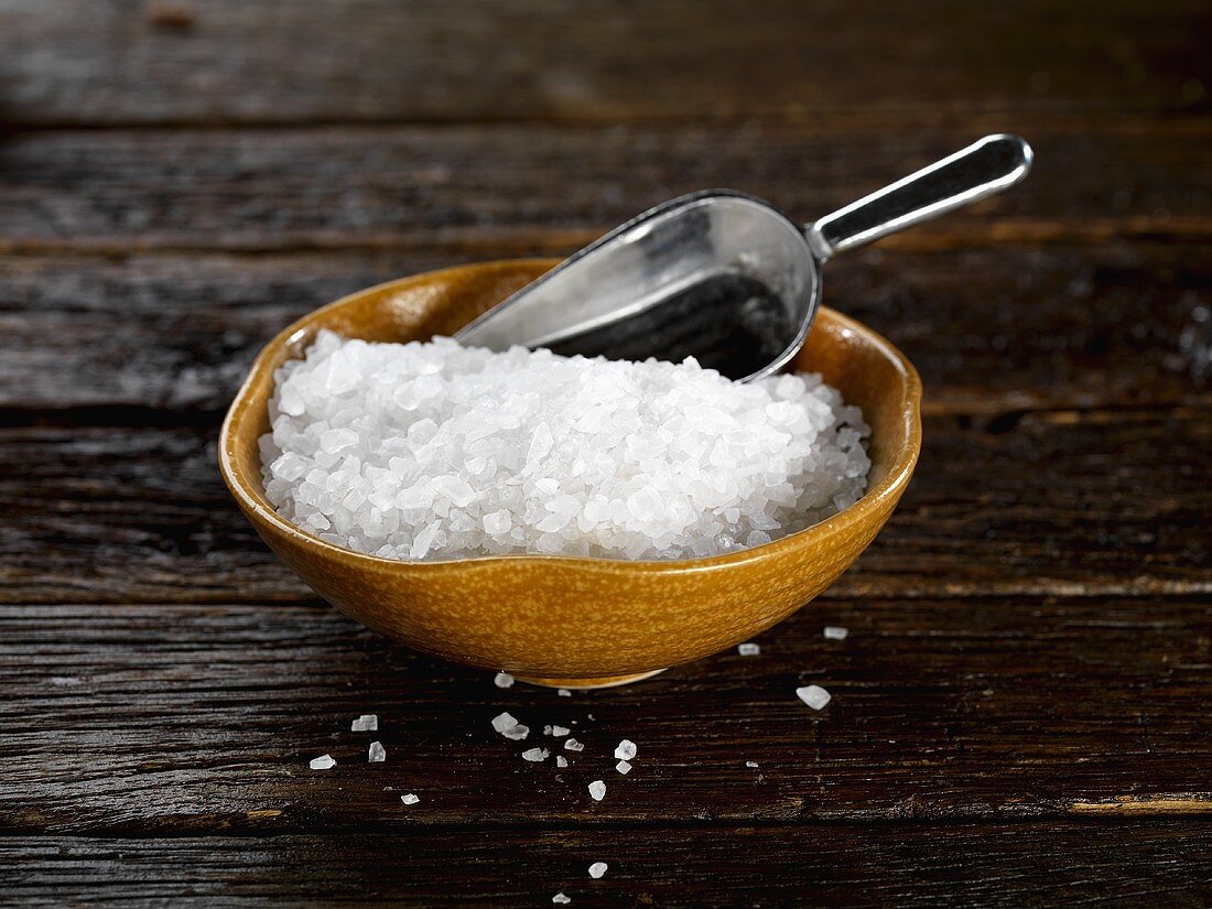 Coarse salt in small dish with small scoop