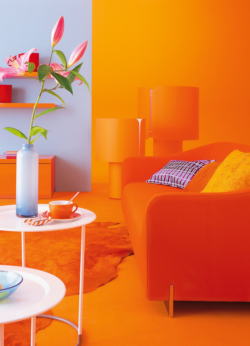Living room with orange interior and furniture